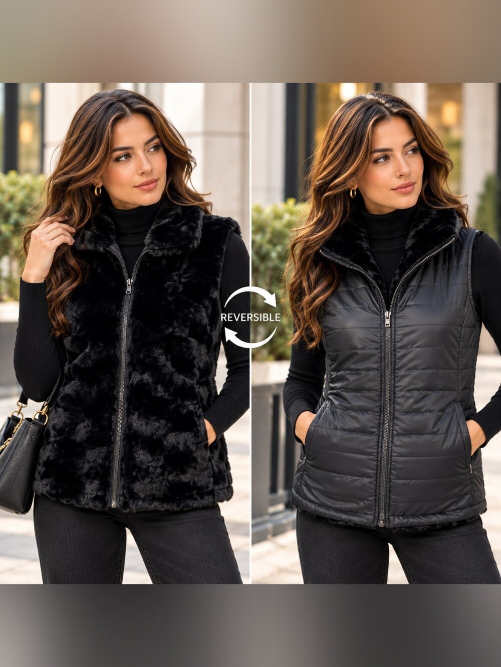 Nicole Miller Reversible Black Faux Fur and Quilted Vest
